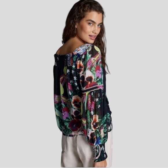 Anthropologie X Lil Sire Puff-Sleeved Floral Black Blouse Top Size XS - Picture 2 of 10